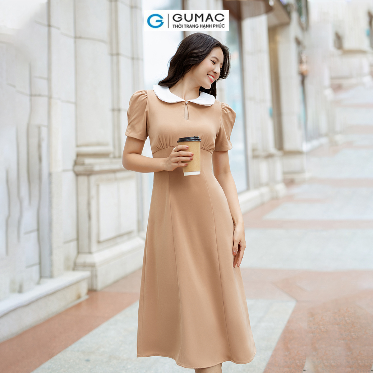 Đầm tay ngắn xếp ly phối bâu tròn thời trang GUMAC DD06057