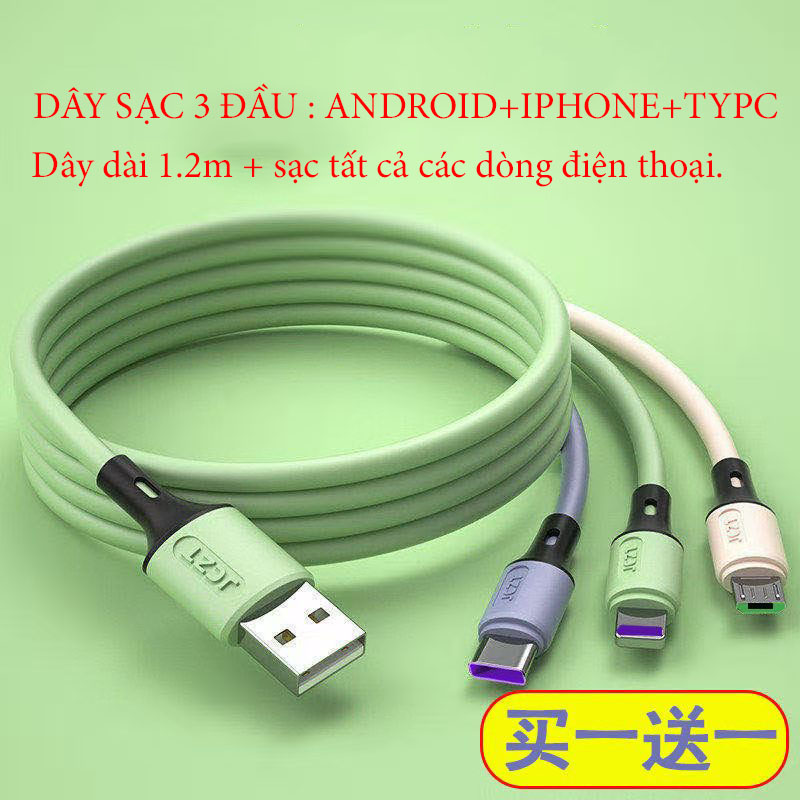 Cáp sạc nhanh 5A, có 3 đầu sạc (3 trong 1), sạc được tất cả các dòng điện thoại, hỗ trợ sạc nhanh 50W