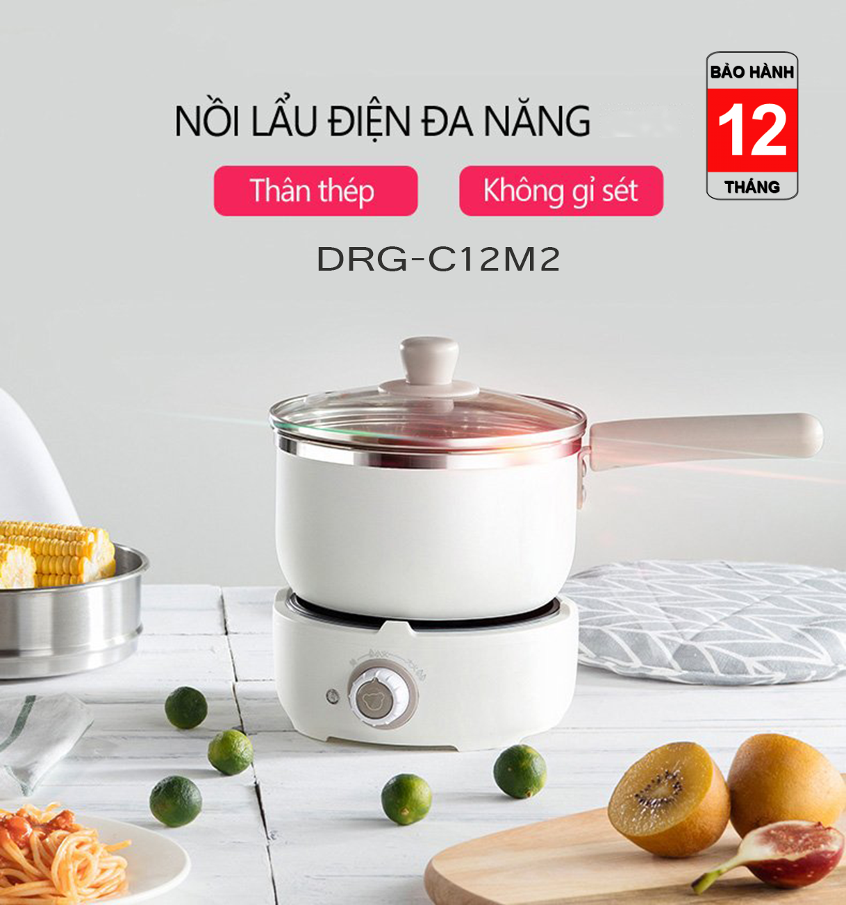 Nồi điện đa năng kèm lồng hấp 1.2L kèm chảo ... tặng kèm bát đũa thìa muôi (DRG-C12M2)