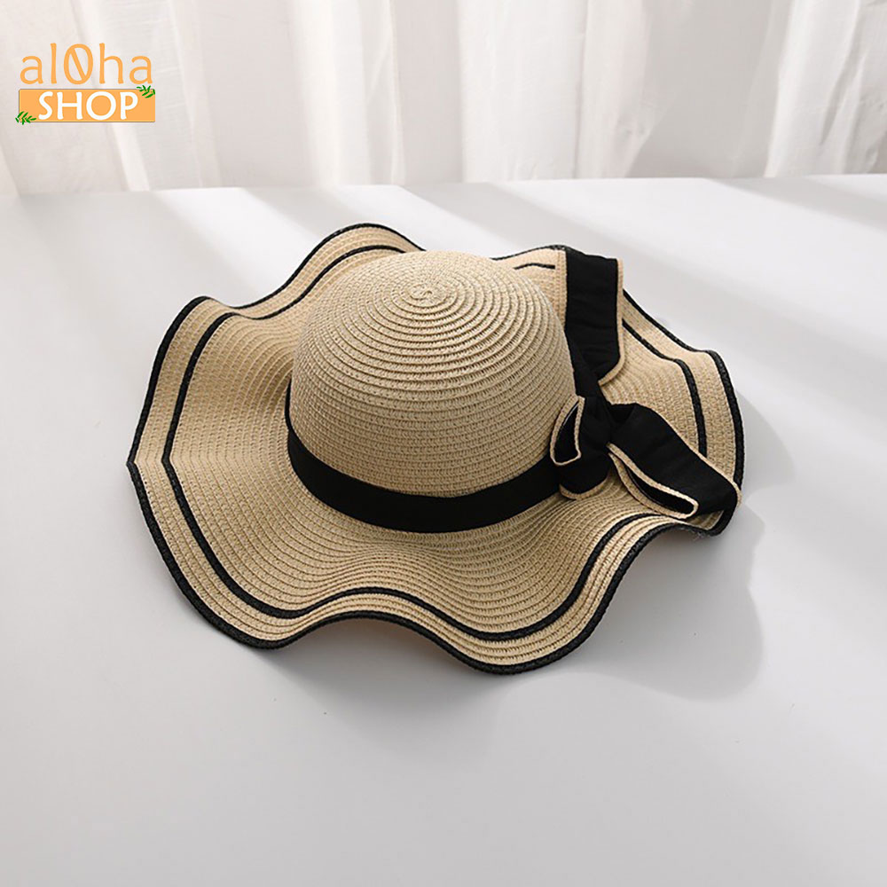Nón cói vành sóng viền đen - mũ cói mềm thắt nơ chống nắng, đi biển - al0ha Shop