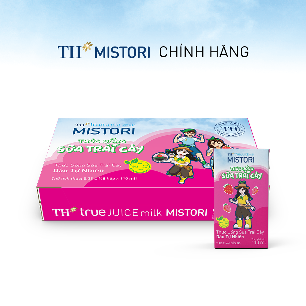 Thùng 48 hộp thức uống Sữa trái cây Dâu tự nhiên TH true JUICE milk MISTORI 110ml x 48 hộp