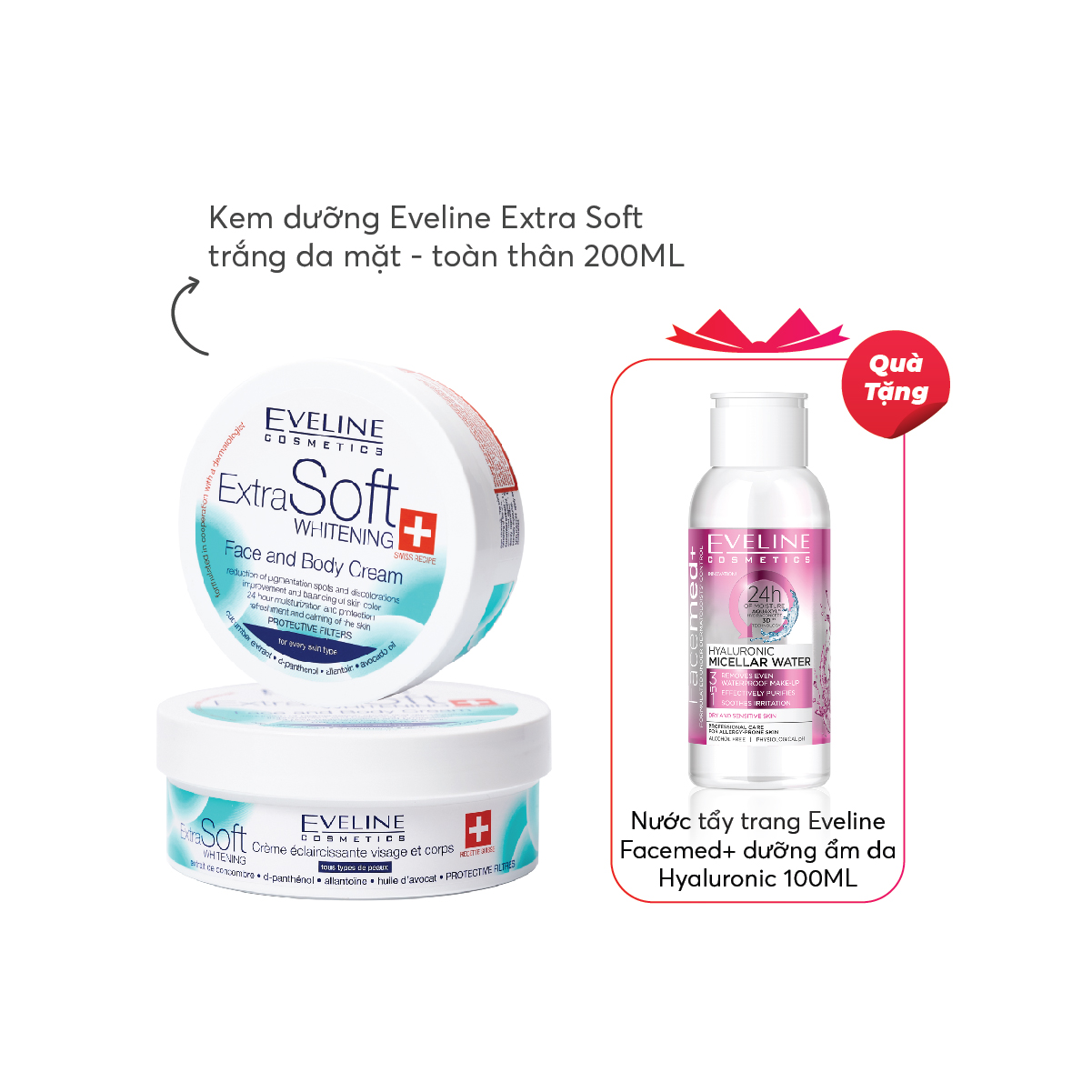 [TẶNG NƯỚC TẨY TRANG 100ml] Kem Dưỡng Trắng Da Mặt Và Toàn Thân Eveline Extra Soft Whitening 200ml