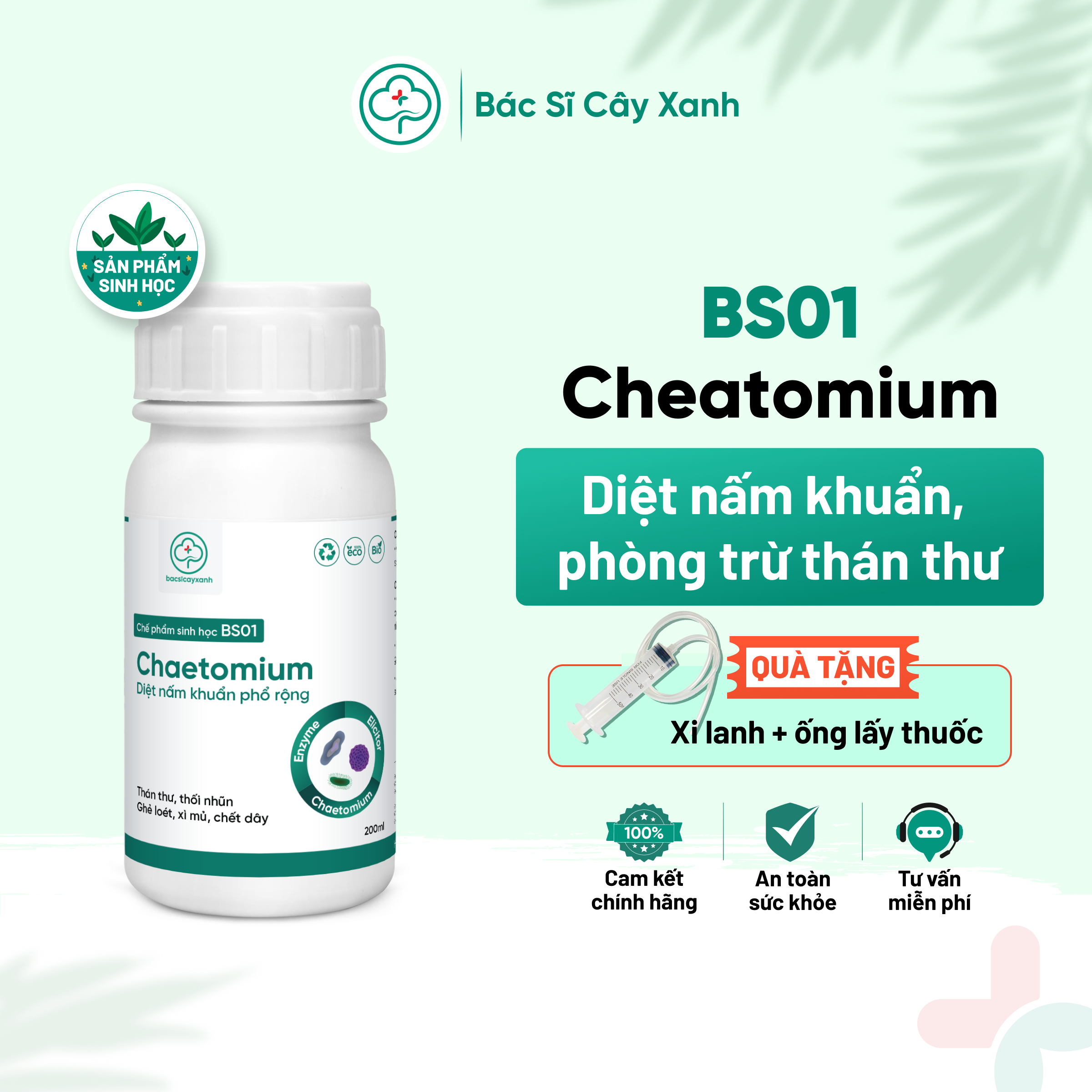 Chế phẩm trị thán thư, thối trái, héo rũ, chết cây con, phòng ngừa nấm bệnh BS01 Chaetomium 100/200ml NSX Bacsicayxanh