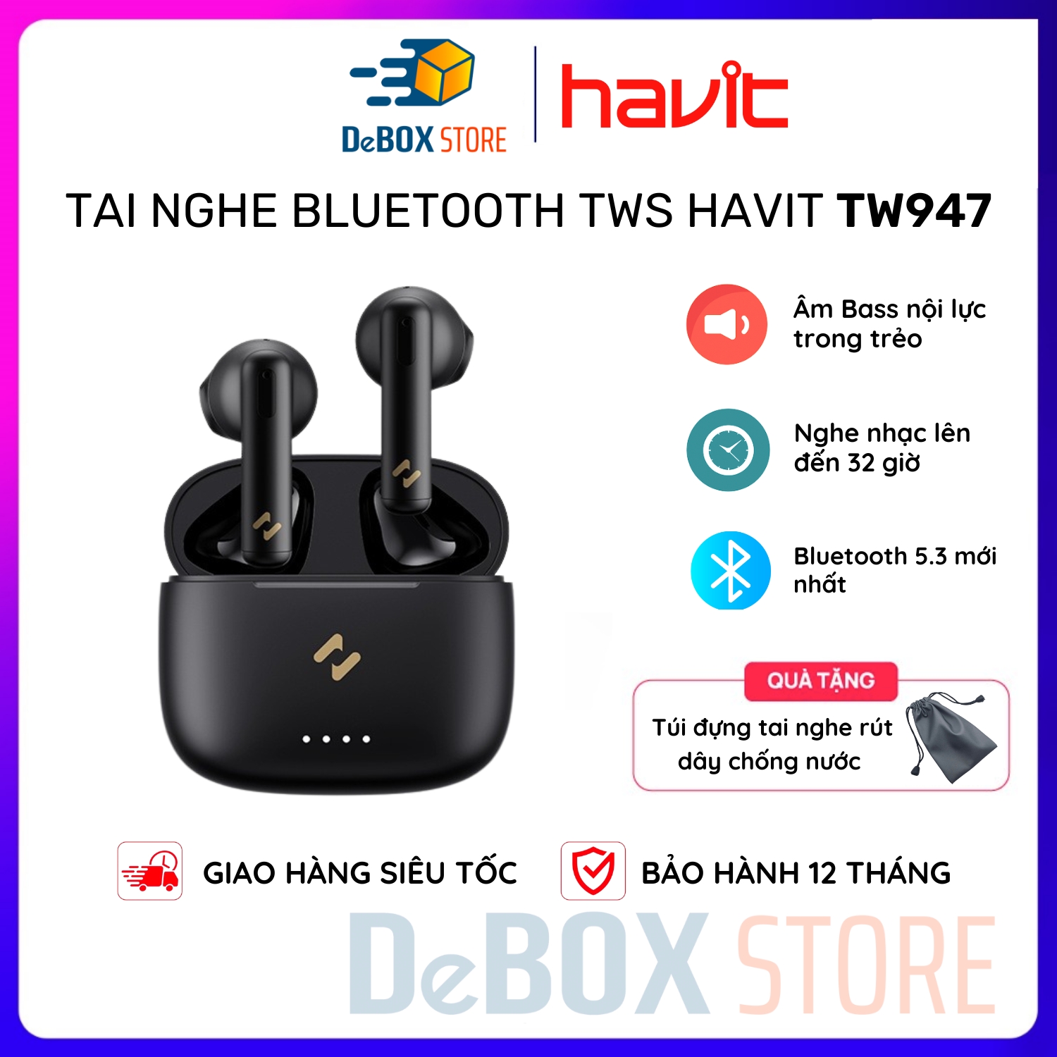 Tai Nghe Không Dây TWS HAVIT TW947 Bluetooth 5.3 Độ Trễ Cực Thấp, Thời Gian Nghe đến 32 Giờ - Hàng Chính Hãng