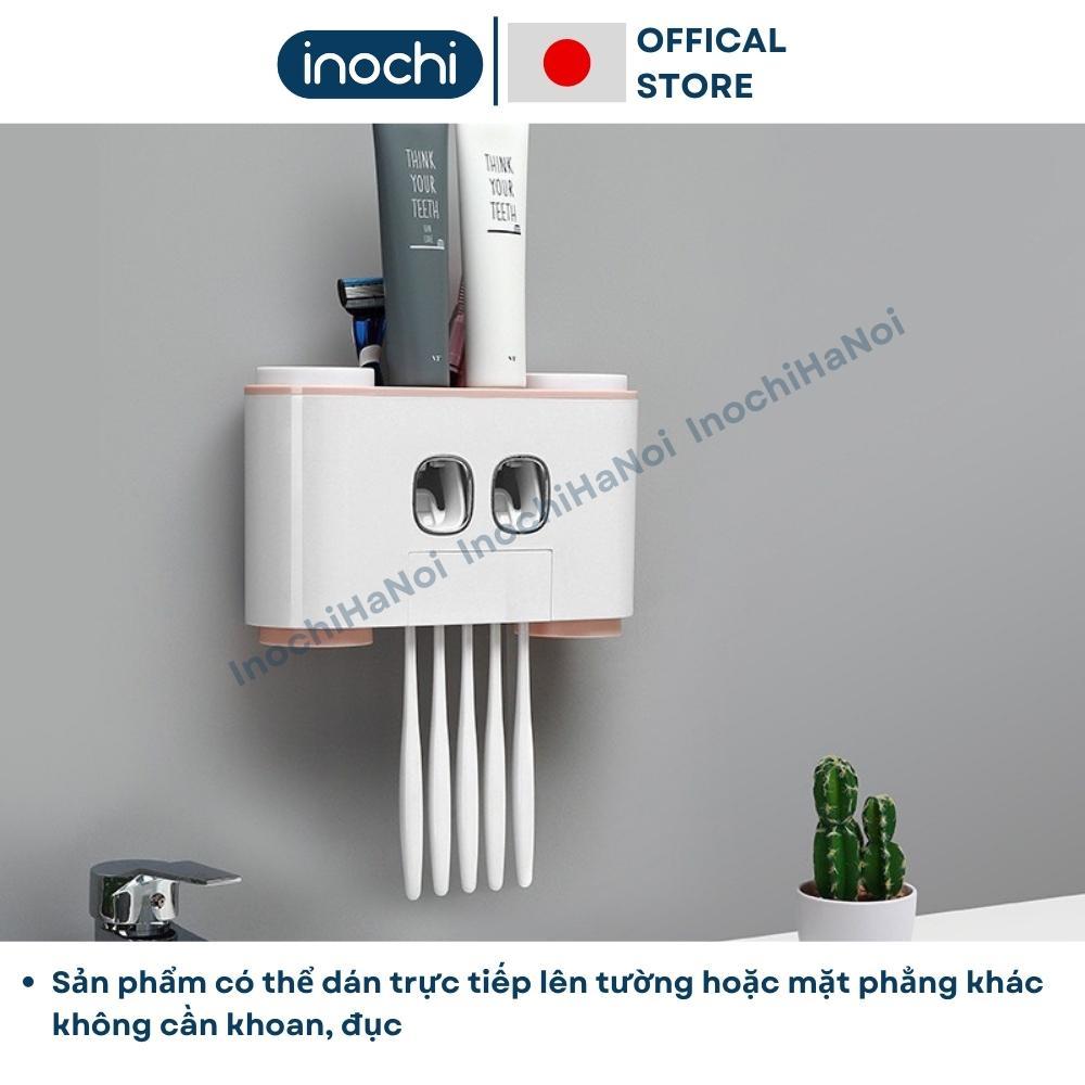 Bộ Nhả Kem Đánh Răng Tự Động Inochi - Kệ Treo Bàn Chải Lắp Đặt Dán Tường Gạch Men Kèm Cốc Hút Nam Châm