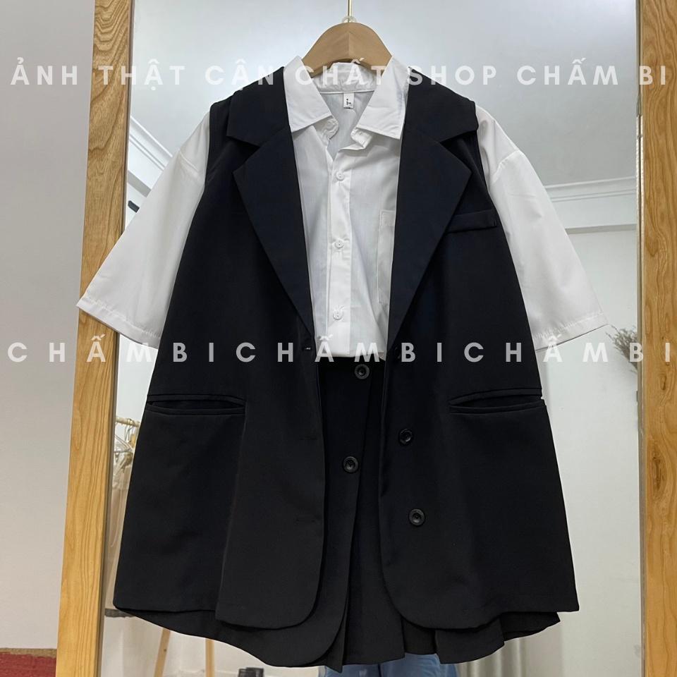 Set bộ đi chơi S.064, Set áo gile cổ vest form rộng cùng chân váy xếp ly cách điệu phong cách Hàn Quốc