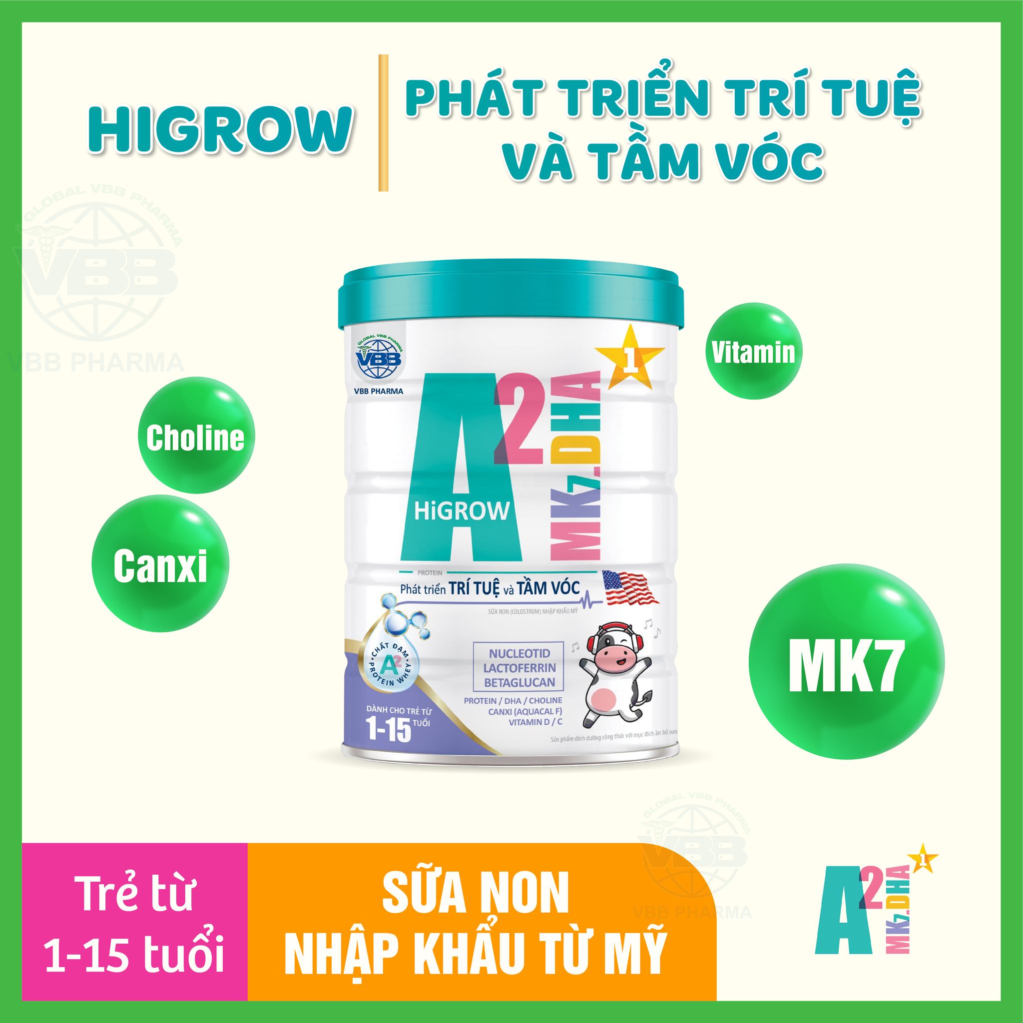 Sữa Bột A2 Mk7.DHA HiGrow- Phát Triển Chiều Cao và Tầm Vóc