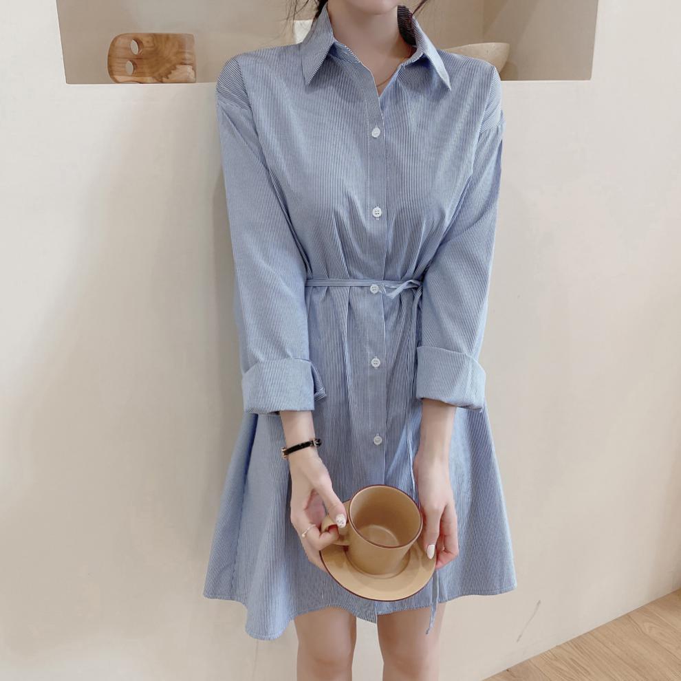 Đầm sơ mi nữ kẻ sọc xanh dương phong cách Hàn Quốc trẻ trung Da26