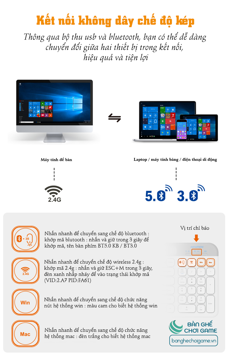 Bàn phím không dây Newmen K10 Dual Mode Bluetooth/ Wireless - Hàng chính hãng