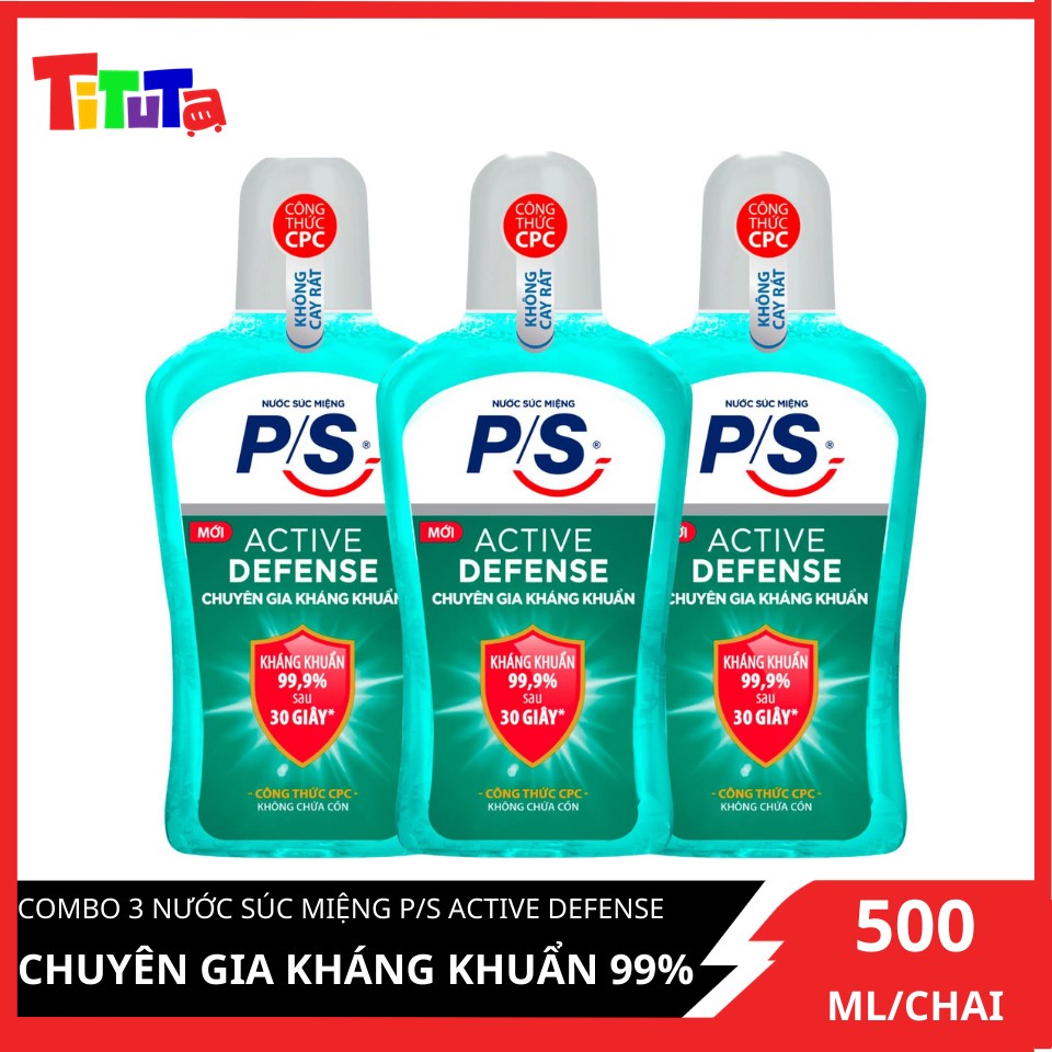 Combo 3 Nước Súc Miệng P/S Active Defense Chuyên Gia Kháng Khuẩn 99,9% 500ml