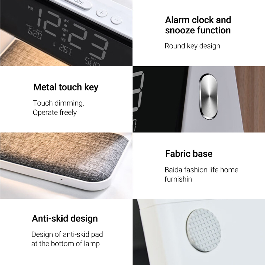 Đèn đầu giường sạc không dây xiaomi youpin với ba cấp độ mờ, hiển thị thời gian, đồng hồ thời gian cố định, sạc không dây