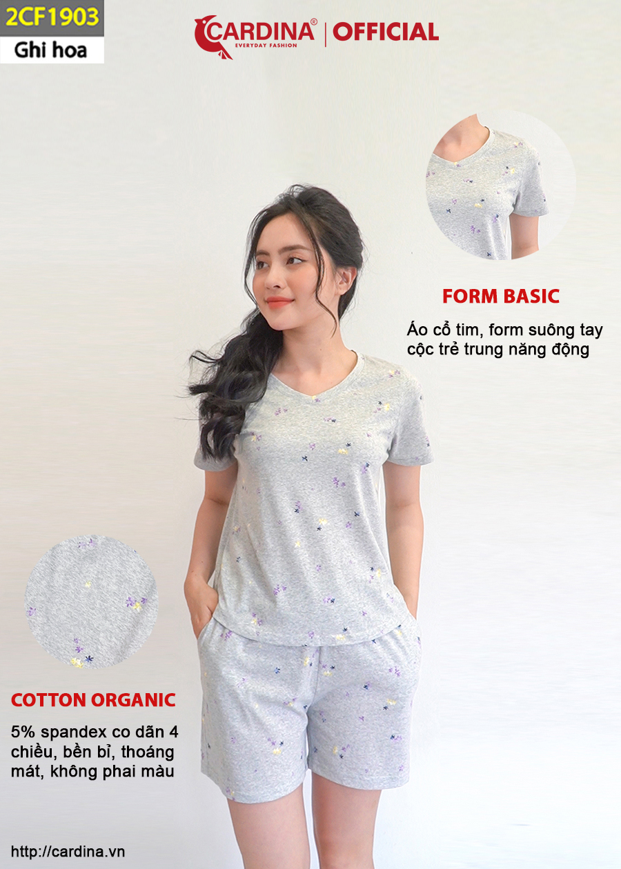 Đồ Bộ Nữ CARDINA Chất Cotton Organic Quần Đùi Áo Cộc Tay Co Giãn Họa Tiết 2CF19