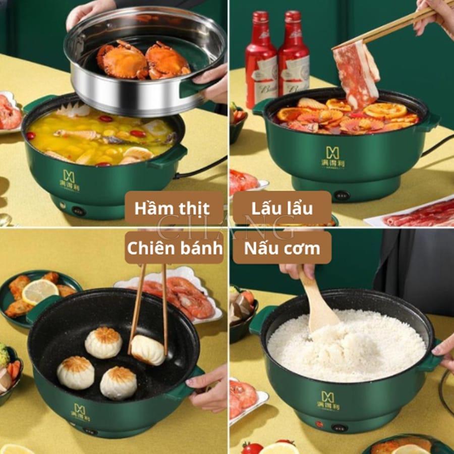 Nồi Lẩu Điện Mini 28cm Tặng Kèm Giá Hấp, Bếp Điện Đa Năng Nướng, Chiên, Xào, Nấu Canh Tiện Lợi