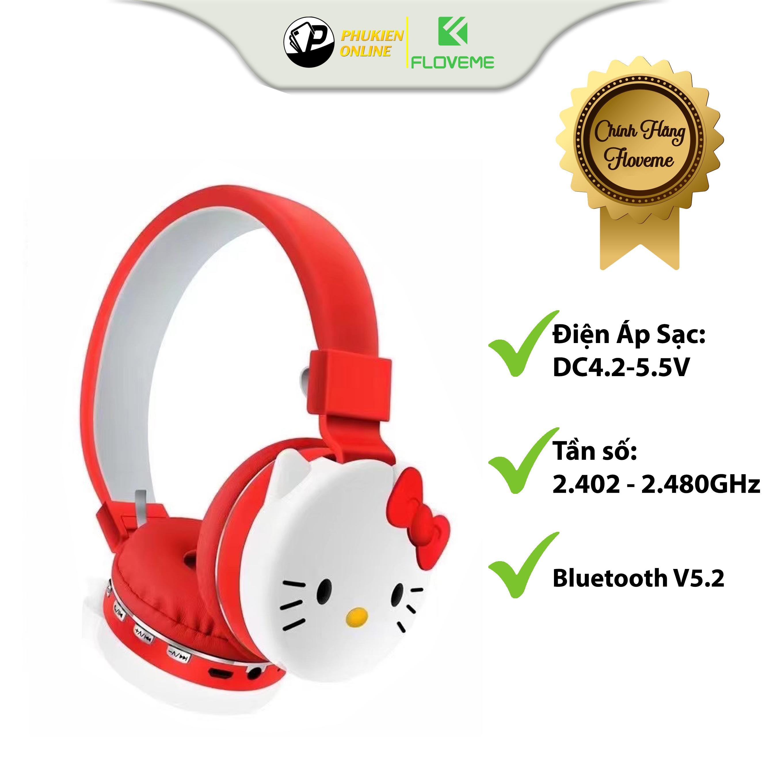 Tai Nghe Không dây Floveme Hello Kitty AH806d ,Tai Nghe Bluetooth Hoạt Hình Điện Thoại Di Động Máy Tính Âm Nhạc Stereo-Hàng chính hãng