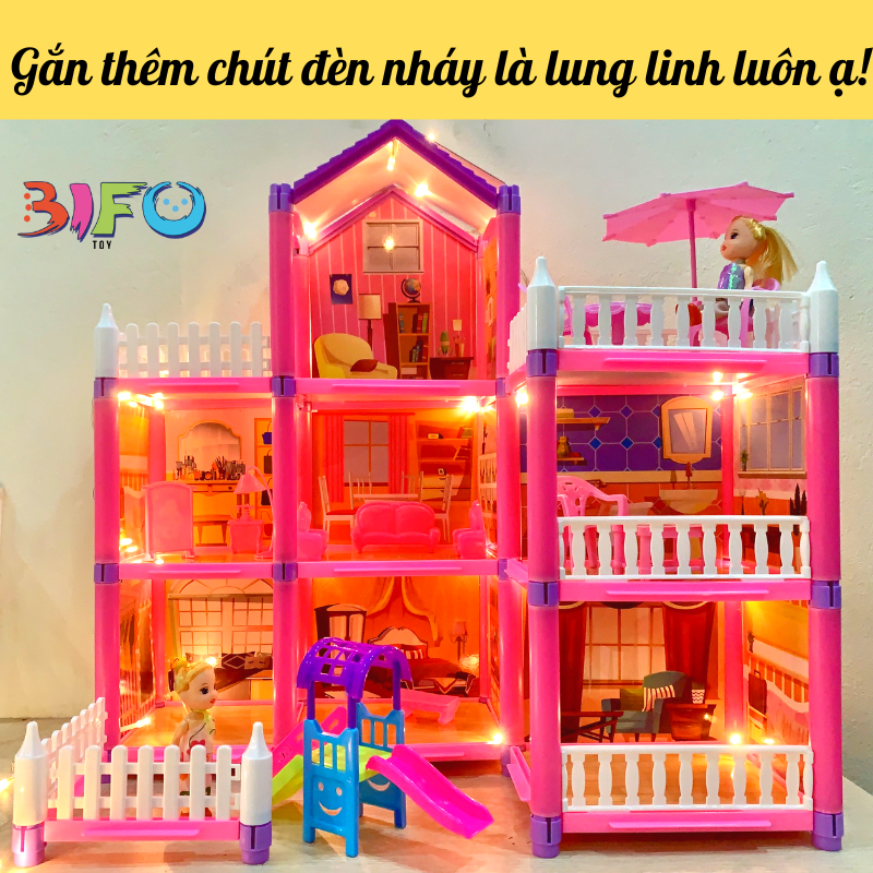 Biệt thự lắp ráp lâu đài công chúa đồ chơi bé gái quà tặng sinh nhật màu hồng