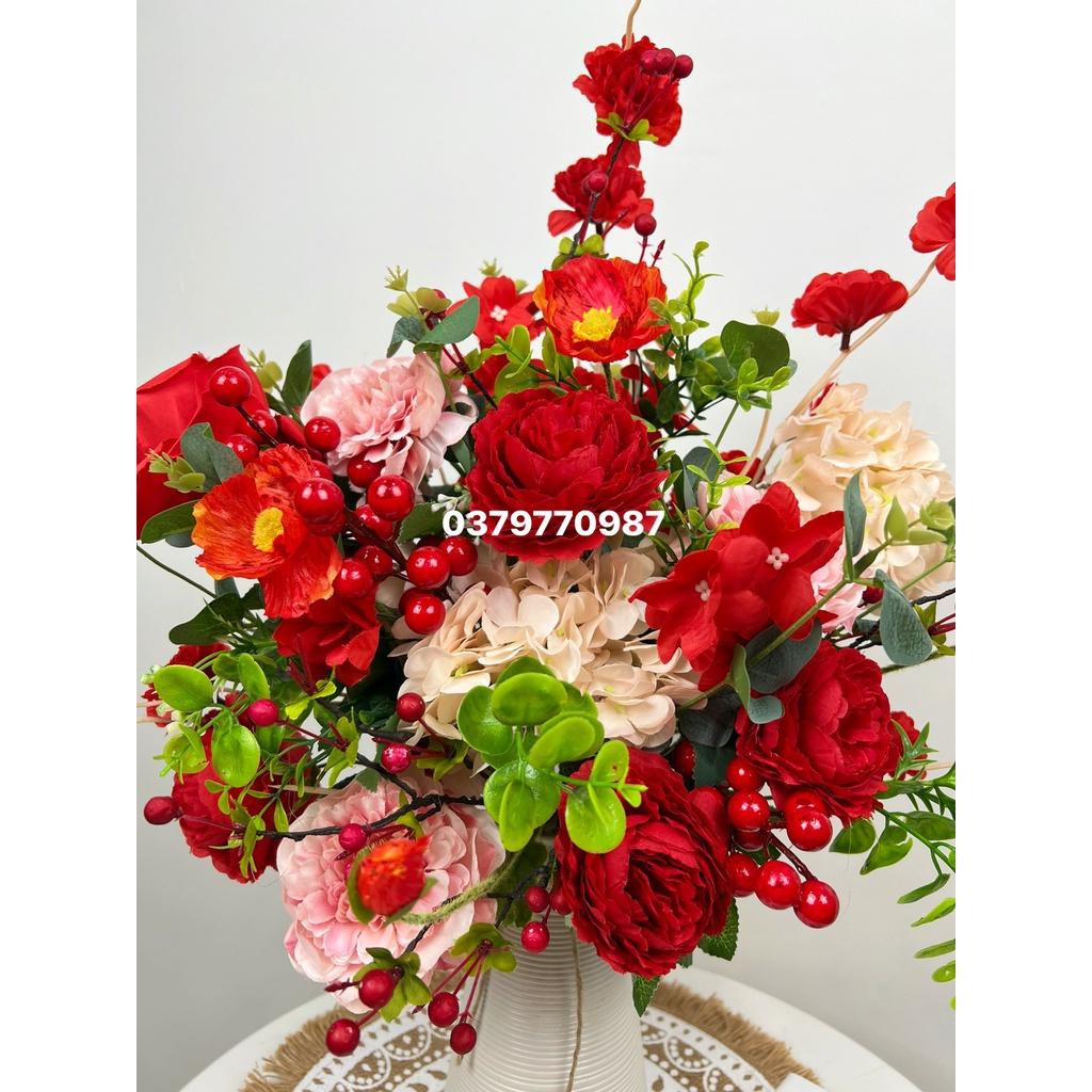 Bình hoa tone đỏ-Hoa lụa cao cấp-Decor nhà xinh