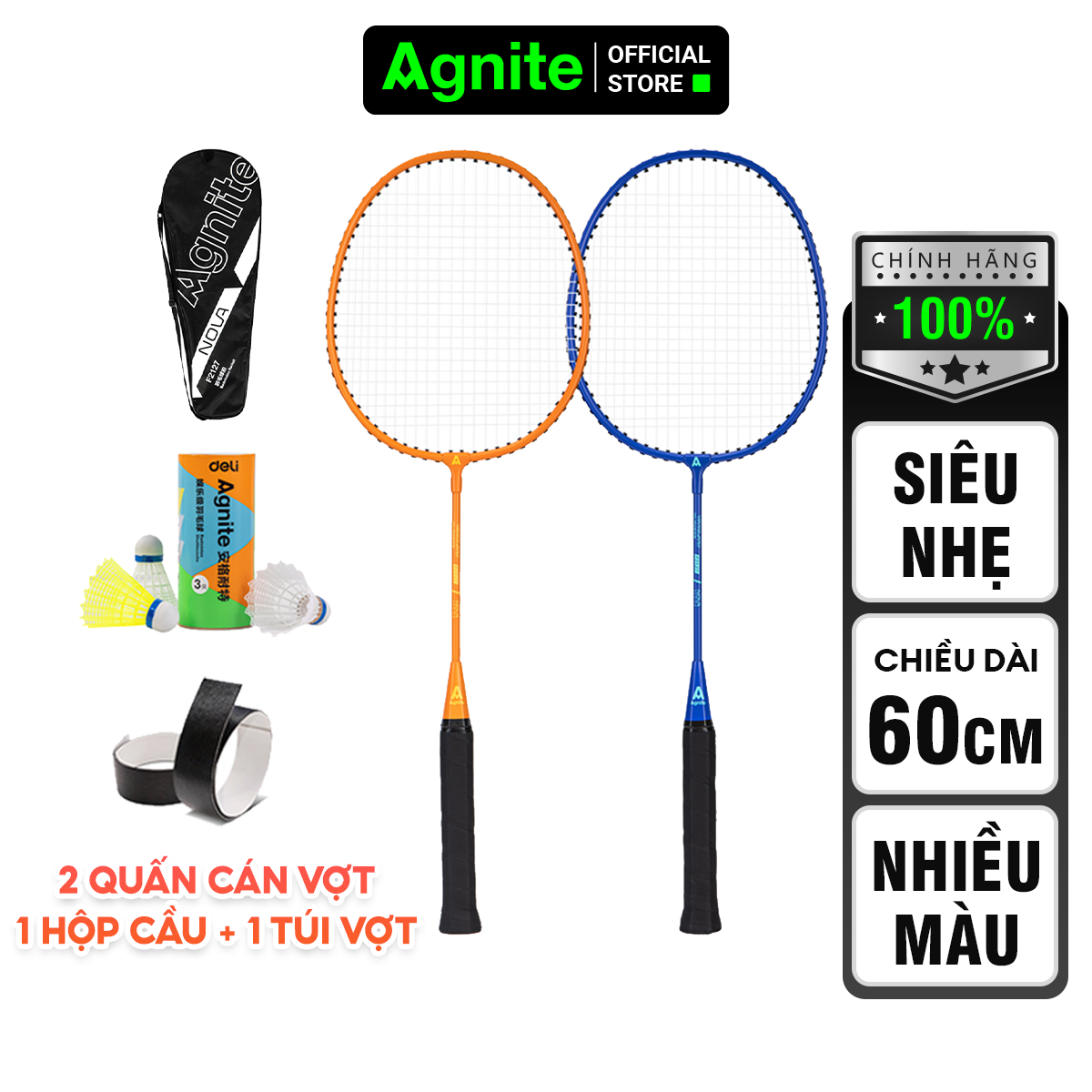 Bộ 2 vợt cầu lông TRẺ EM - HỌC SINH cao cấp Agnite chính hãng, nhẹ, bền, đẹp - tặng kèm hộp cầu, túi cầu và quấn cán vợt