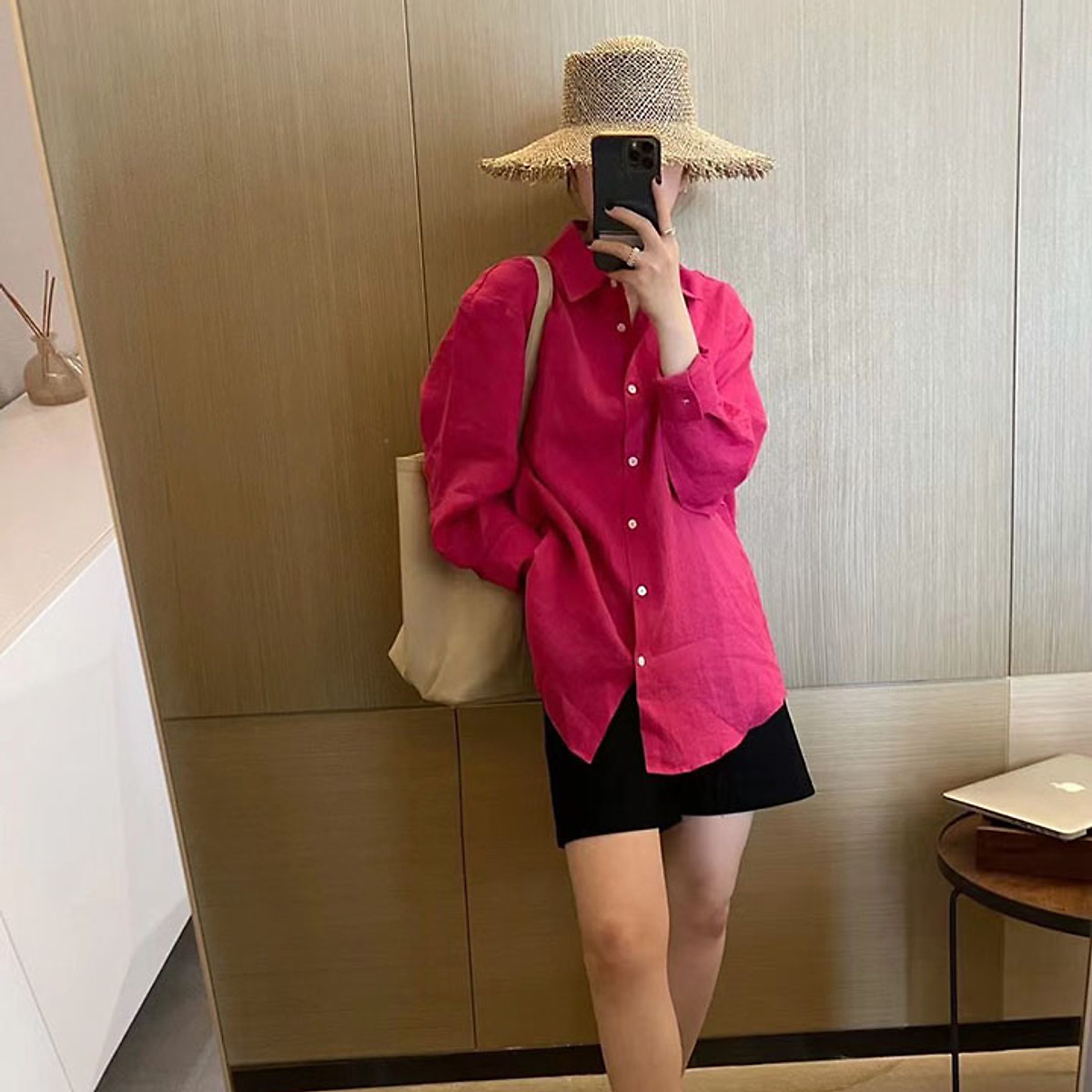 Áo sơ mi nữ form rộng Basic dài tay cổ đức, chất liệu Linen bột Premium mềm mát thoáng khí