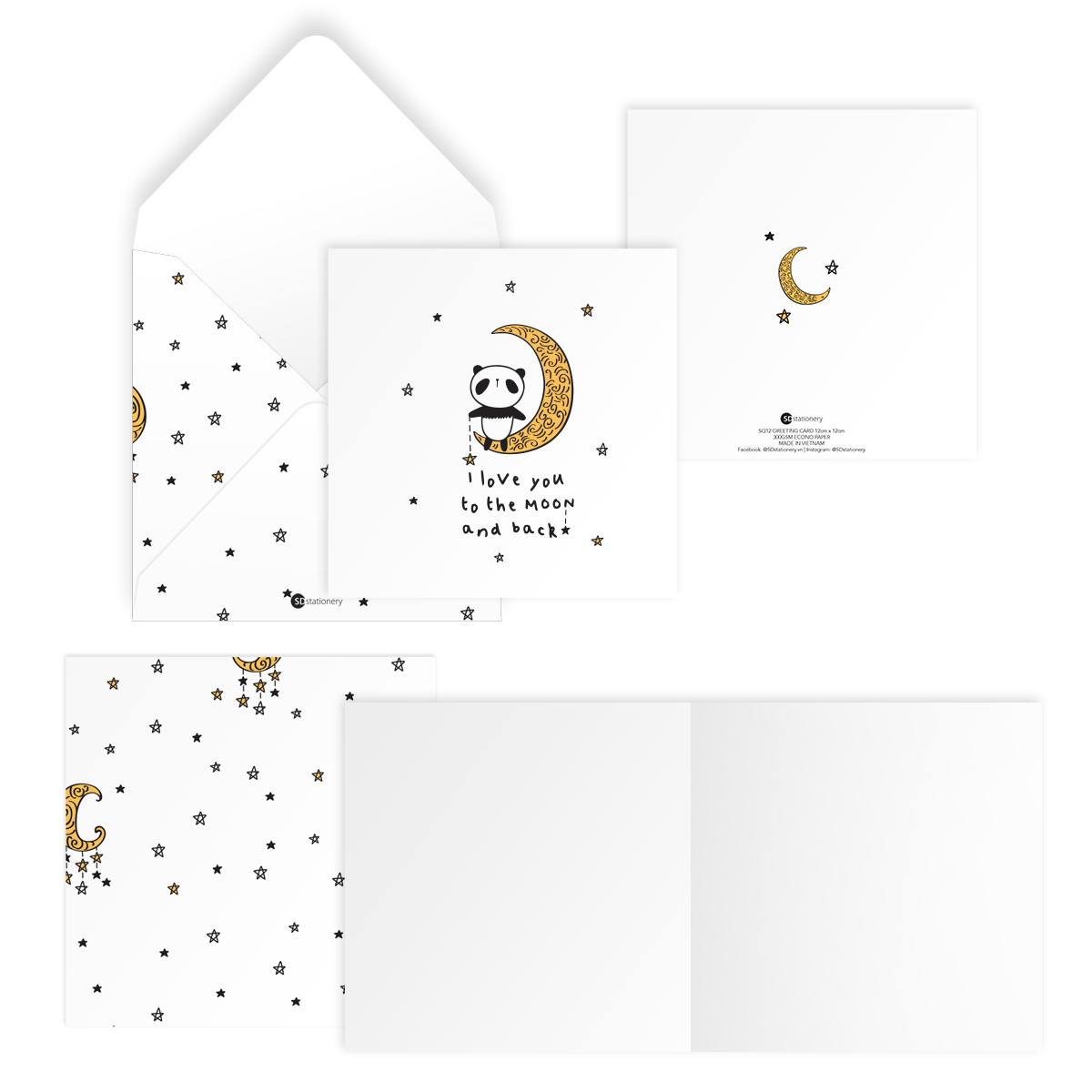 Hình ảnh Bộ 4 thiệp vuông 12cm SDstationery PANDA gấu trúc mừng sinh nhật, tình yêu, tình bạn, bố mẹ