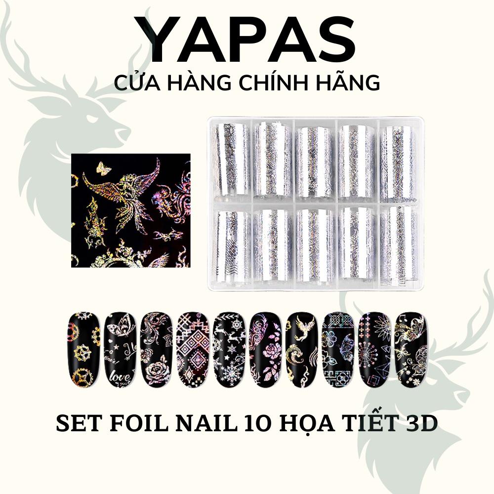 Foil nail dạ quang 3D 5D Yapas 10 cuộn họa tiết bảy màu, decal sticker foil dán trang trí móng tay cao cấp