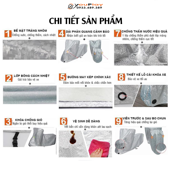 Bạt phủ xe máy chống mưa nắng, bụi bẩn, vải dù pha nilon chống thấm tuyệt đối, áo trùm cả xe