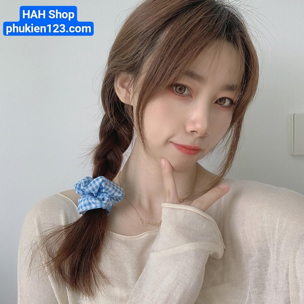 Dây cột tóc buộc tóc vải kẻ karo, hoa nhí màu xanh dễ thương phong cách Hàn Quốc dành cho nữ