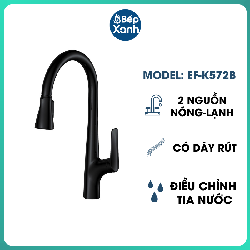 Vòi Rửa chén Nóng Lạnh Ecalite EF-K572B - Có Dây Rút - Điều Chỉnh Tia Nước - Đồng Thau Sơn Đen Cực Đẹp - Hàng Chính Hãng