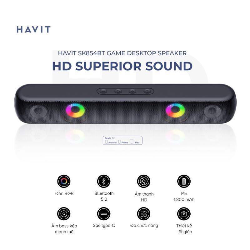 Loa Bluetooth HAVIT SK854BT, Công Suất 2*5W Mạnh Mẽ, Hiệu Ứng Đèn RGB, Thời Gian Nghe 7H - Hàng Chính Hãng