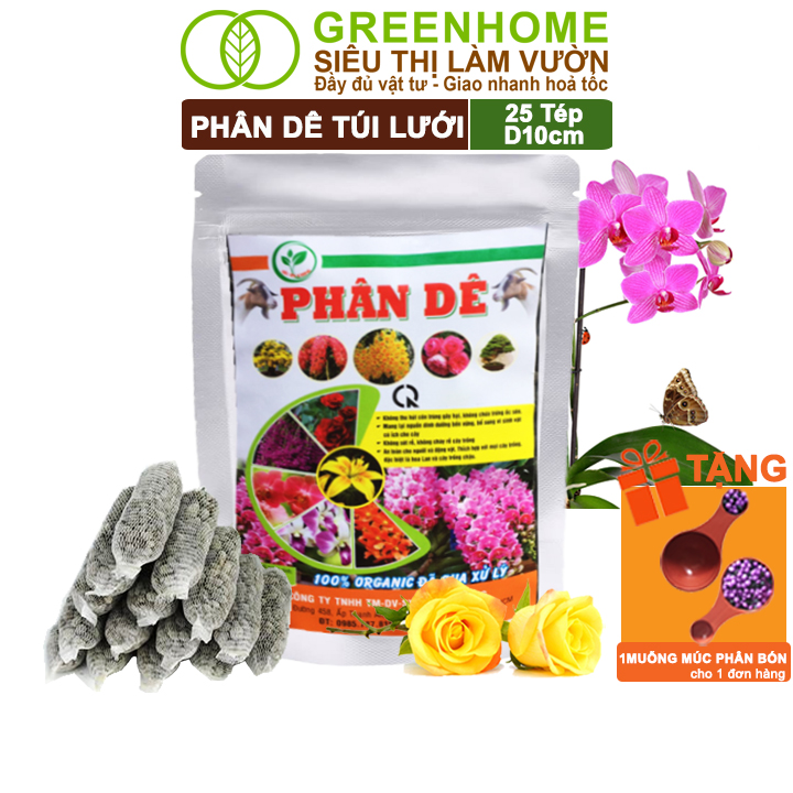 Phân Dê Trồng Lan Greenhome, 25 Túi Lưới Dài 10cm, Đã Qua Xử Lý, Không Mùi, Kích Rễ Phong Lan, Hoa Đậm Màu Lâu Tàn