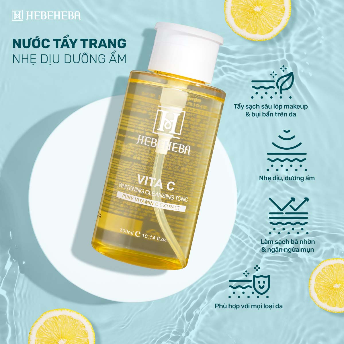 Tẩy Trang Thông Minh Chiết Xuất Chanh Hebeheba VITA C Whitening Cleansing Tonic 300ml