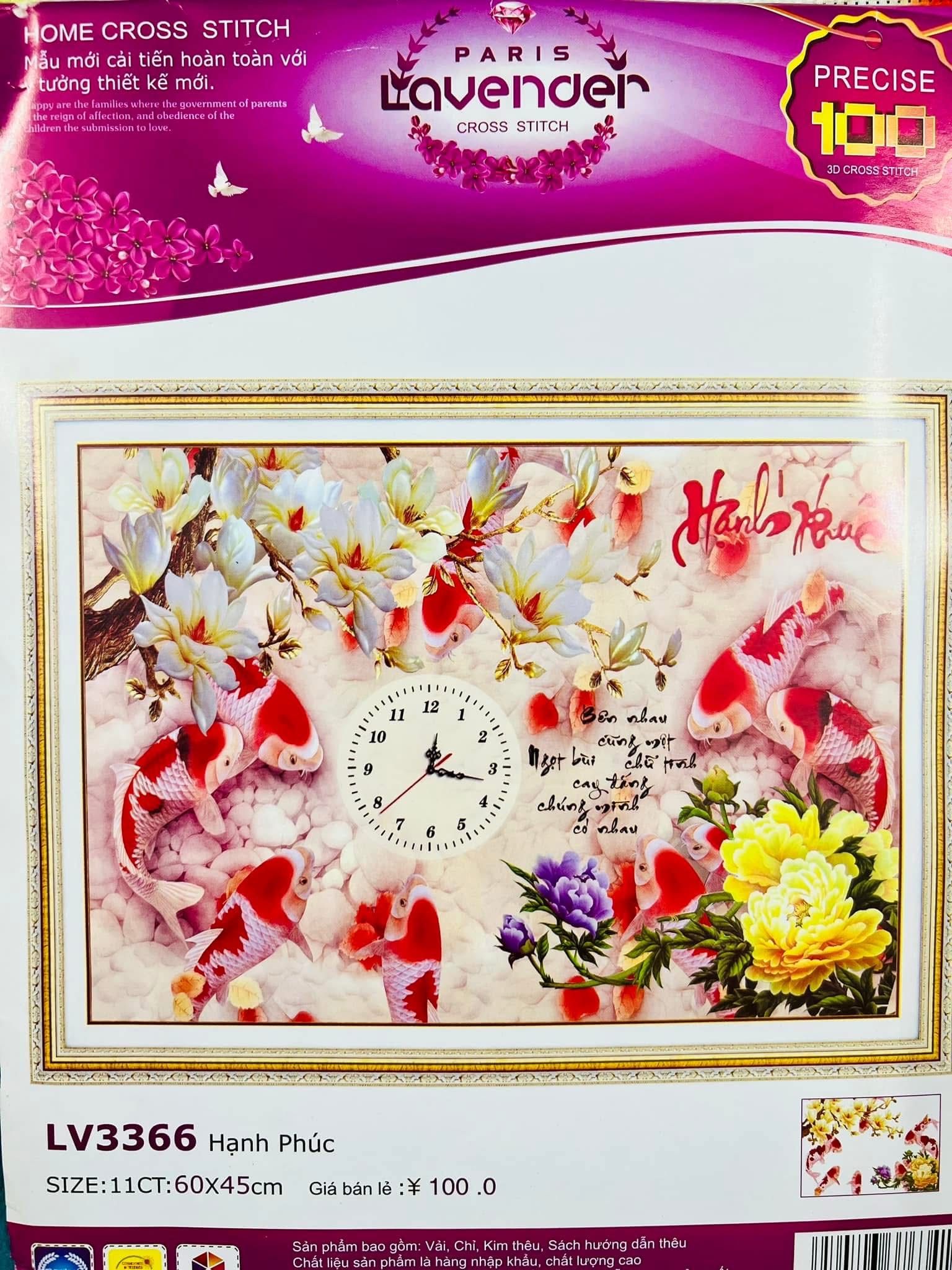 Tranh thêu chữ thập đồng hồ cửu ngư LV3366, kích thước 60 x 45 cm