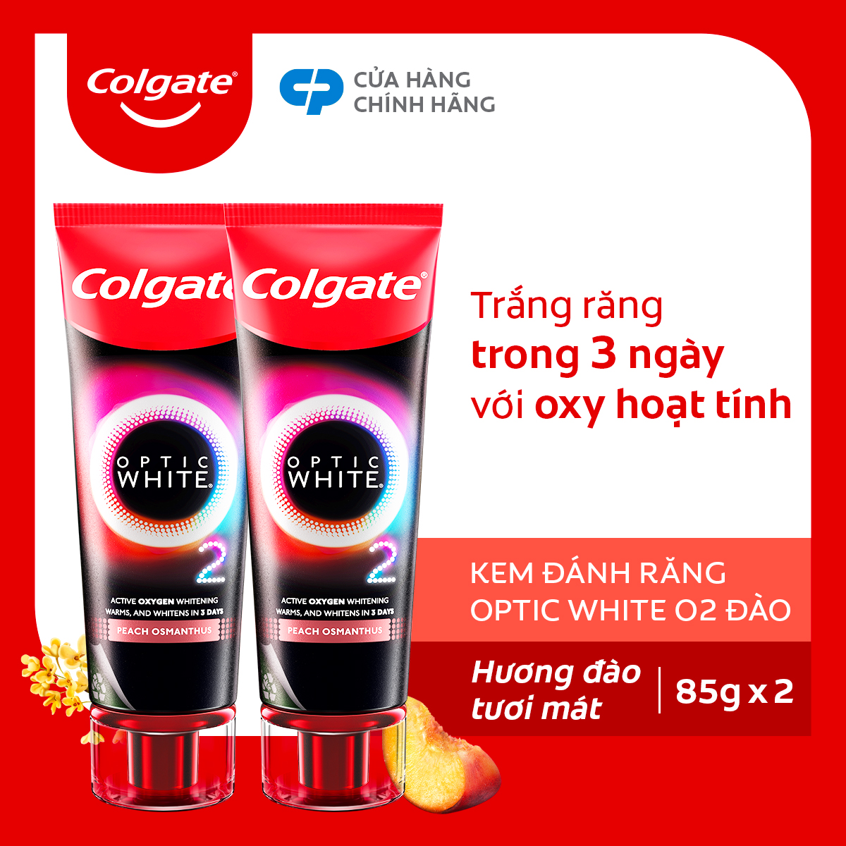 Bộ 2 Kem Đánh Răng Colgate Optic White O2 Oxy Hoạt Tính trắng răng 3 ngày 85g Hương đào