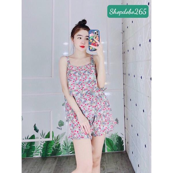 Bộ ngủ 2 dây,đồ bộ nữ mặc nhà đùi tầng vải lụa BN 17 họa tiết hoa nhí dễ thương size 45-57kg.