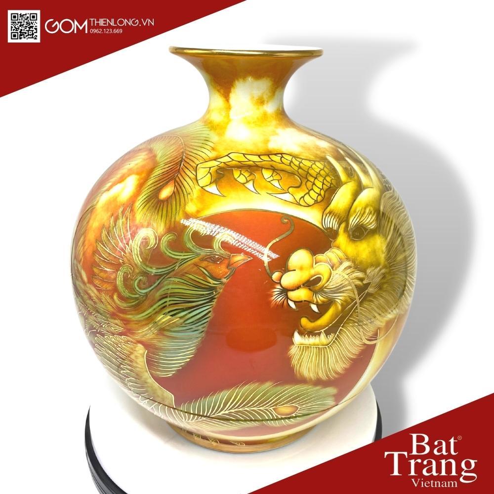 Bình Hút Tài Lộc Vẽ Vàng 3D Long Phụng Vờn Mây - Hàng Kỹ Độc Bản - Bình Hút Lộc Bát Tràng - Gốm Thiên Long