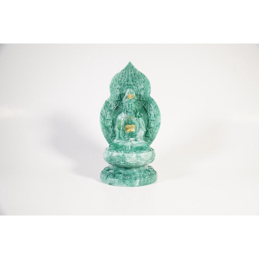Tượng Phật Quan Âm Bồ Tát đá xanh rêu lá bồ đề hào quang để xe ô tô, bàn thờ - Cao 19cm ngồi