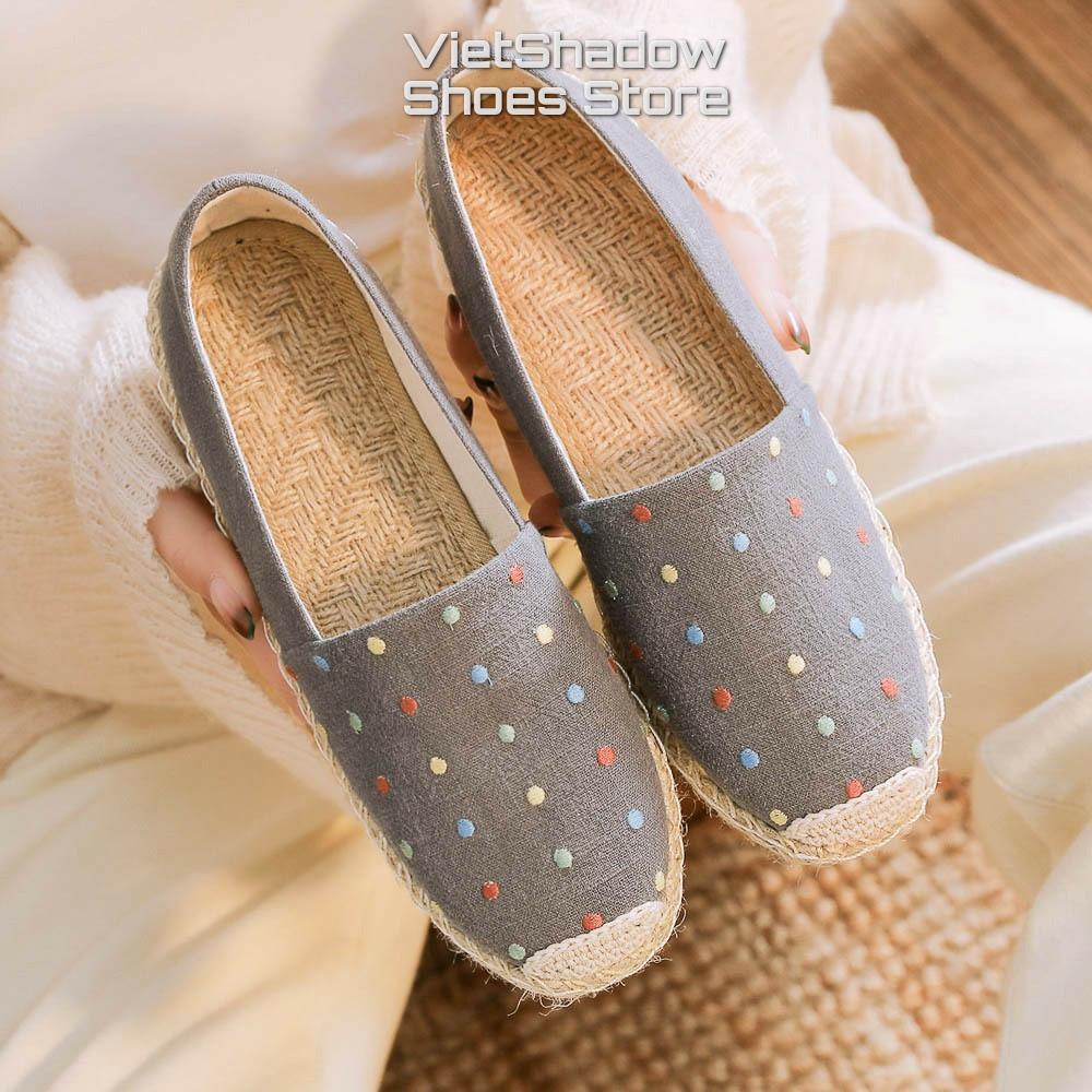 Slip on nữ giày lười vải thêu 2022 chất liệu vải bố 3 màu đen xám và khaki - Mã X-20