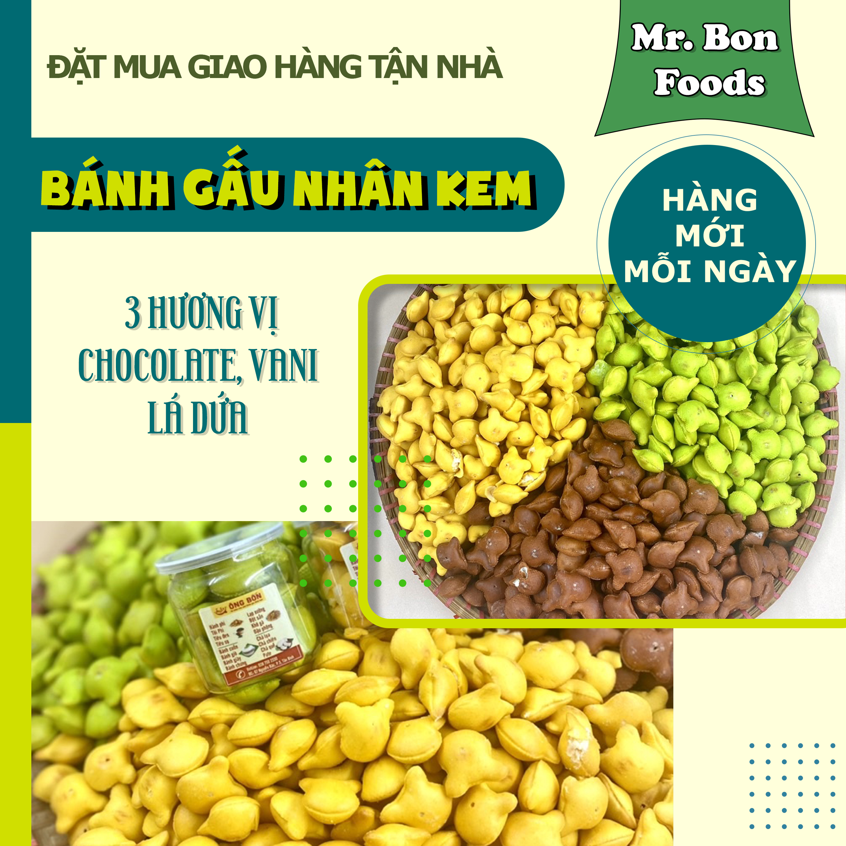 Bánh Gấu Nhân Kem Sữa 3 Hương Vị - Chocolate, Vani, Lá Dứa - Hũ 120ml