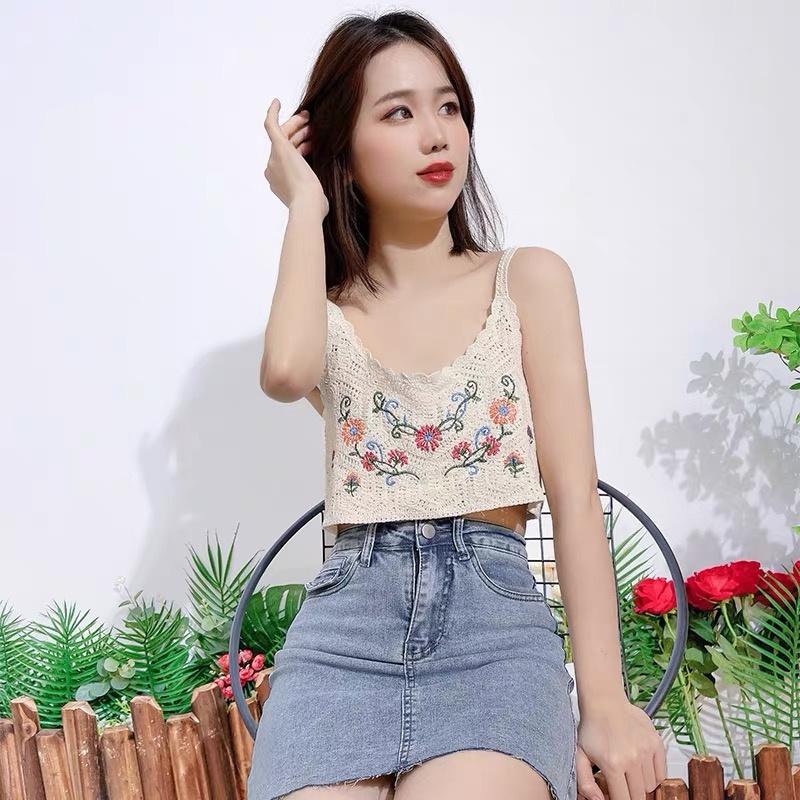 MS574 Áo hai dây đan móc đi biển thêu hoa, mix váy áo