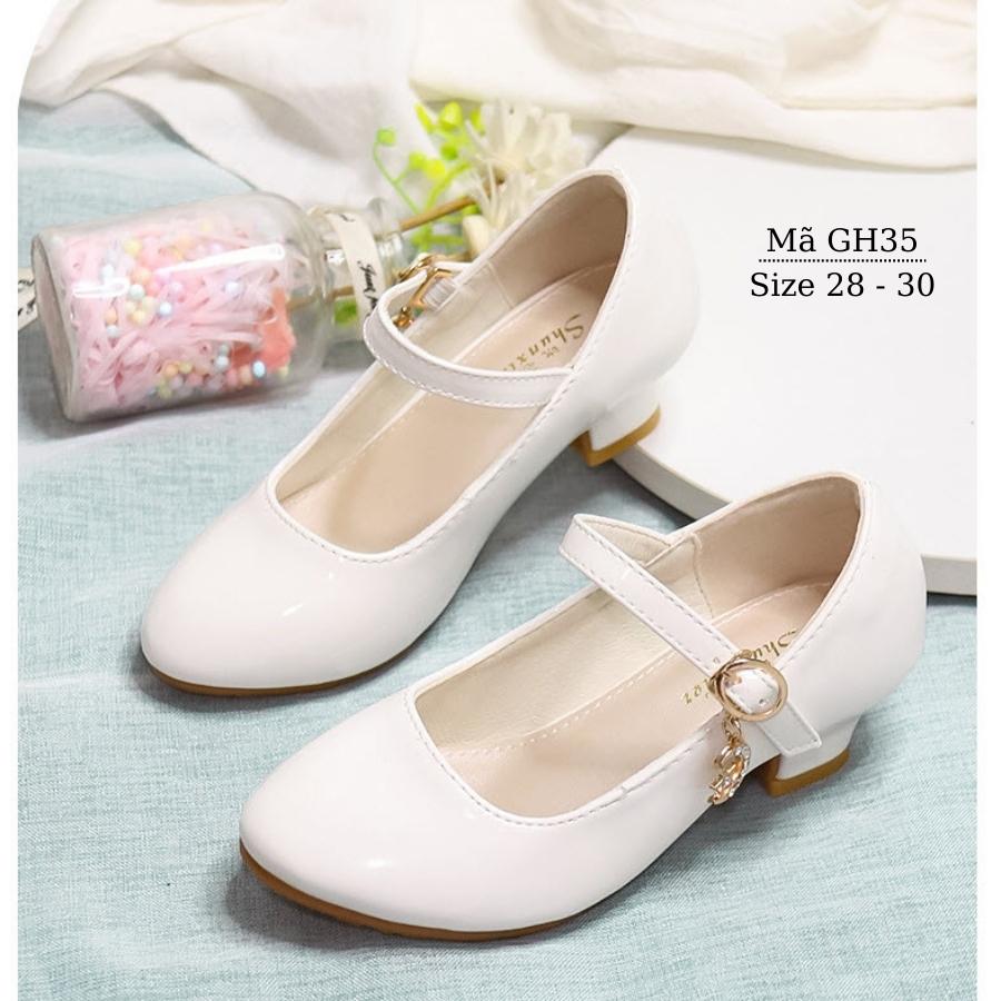 Giày cao gót cho bé gái 4 - 12 tuổi màu trắng thời trang đế 4 - 5cm da bóng duyên dáng dễ thương đi tiệc, nhảy khiêu vũ GH35