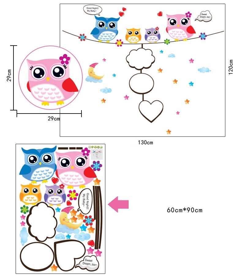 Decal dán tường Gia đình cú sắc màu Trang trí phòng cho bé đẹp
