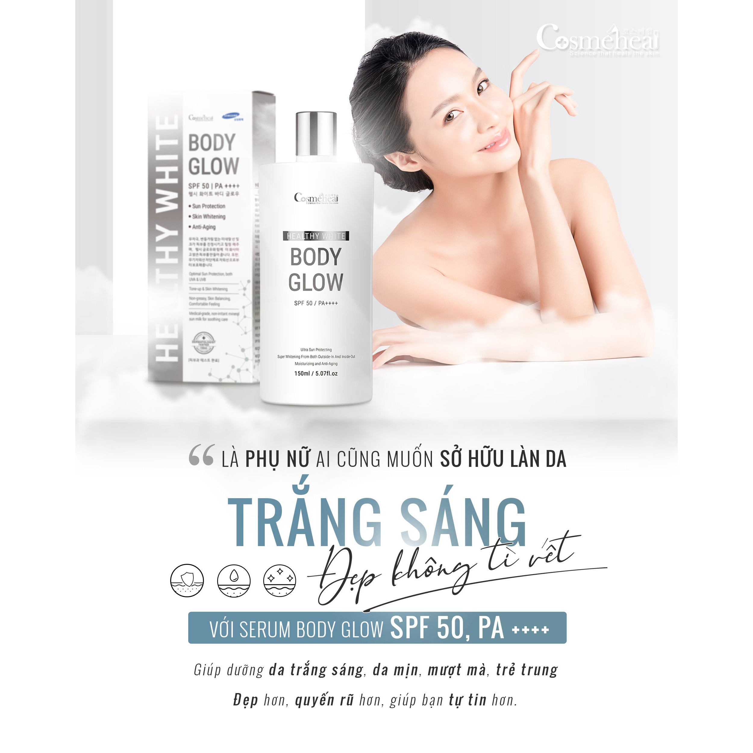 Serum Làm Sáng Da Toàn Thân COSMEHEAL Healthy White Body Glow-Sản Phẩm Được Nghiên Cứu Y Khoa-SPF 50/ PA ++++(150ml)