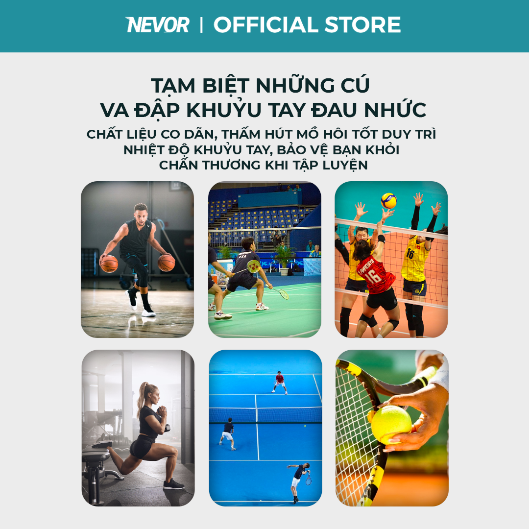 Bó khuỷu tay, cùi trỏ Nevor BKT01 bảo vệ, giảm thiểu chấn thương, hỗ trợ hồi phục sử dụng trong các môn thể thao gym...
