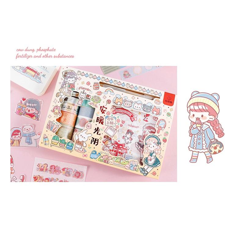 Hộp 19 Washi Tape Kèm 10 Miếng dán Sticker đẹp 10x10cm, kèm 1 bút cắt băng dính dán và ticker chuyên dùng giá siêu rẻ