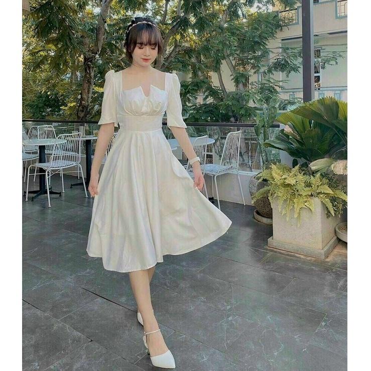 Váy đầm nữ dáng xoè dự tiệc tay lỡ cổ xẻ thích hợp mặc đi chơi, dạo phố
