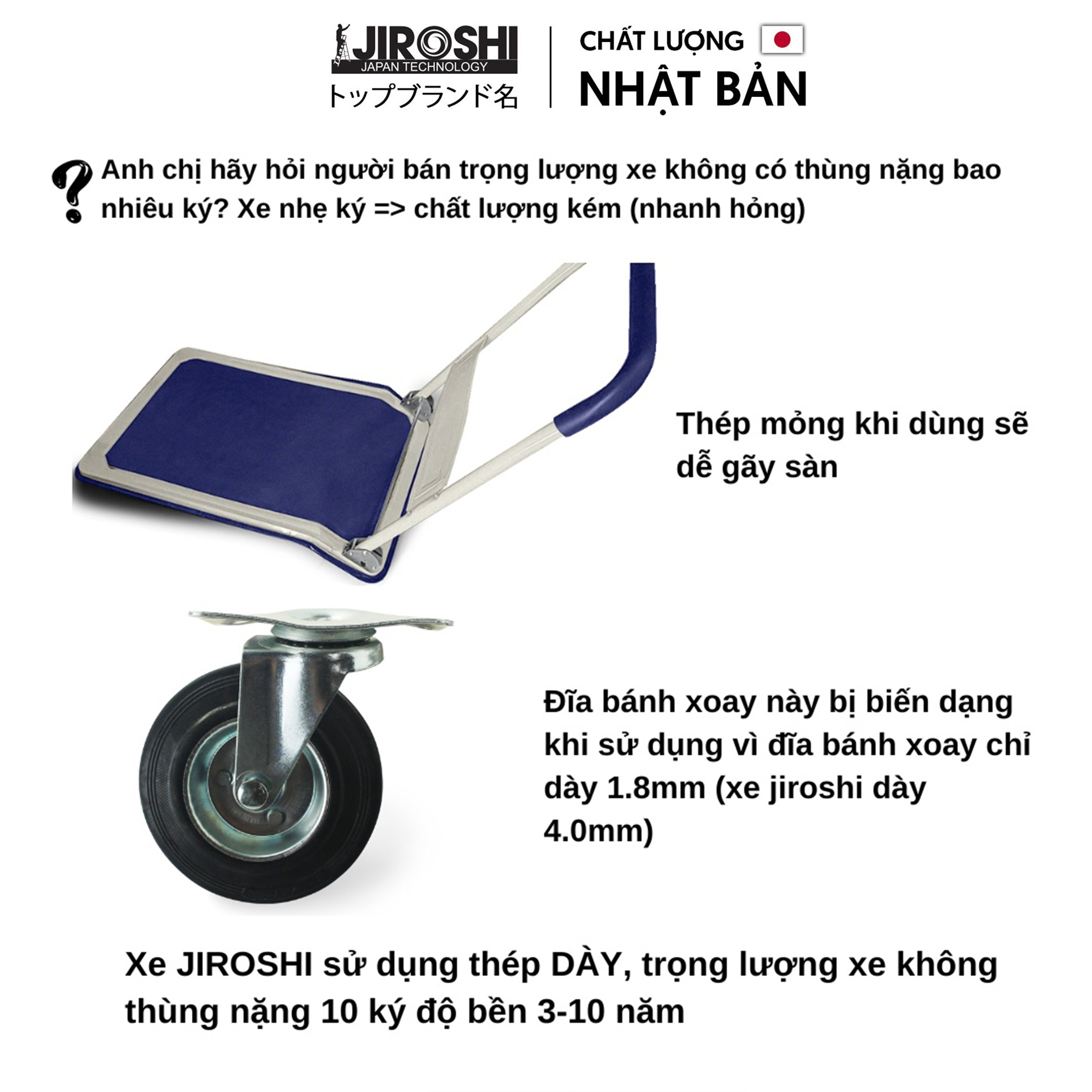 Xe đẩy hàng 4 bánh gấp gọn 150kg JIROSHI bánh chống ồn có khoá, xe kéo hàng bốn bánh tay xếp gọn chở đồ tải nặng