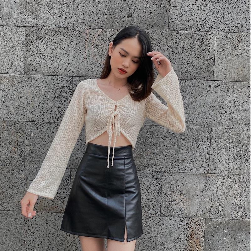 Chân váy da đen chữ A sexy REVERCLOTHINGS S M Leather Skirt