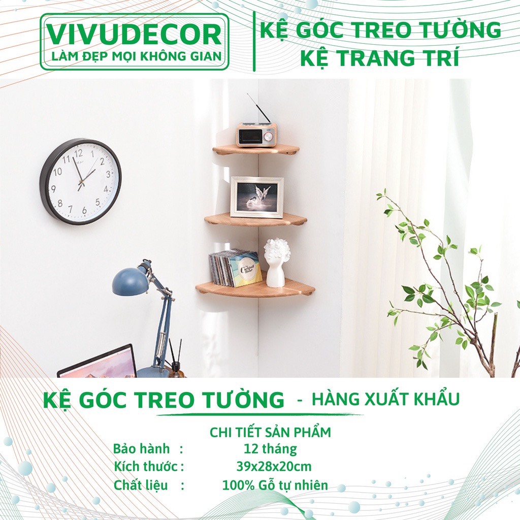 Kệ Treo Tường Vivudecor 100% Gỗ Tự Nhiên, Kệ Góc Tường 3 Tầng Tiện Ích Đa Năng Sang Trọng Chất Lượng Xuất Khẩu