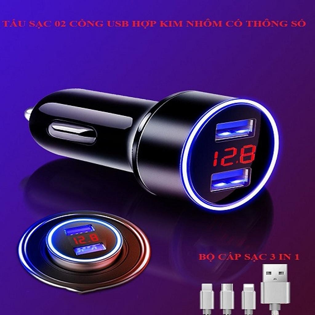 Tẩu cắm sạc trên ô tô, Tẩu sạc ô tô 2 cổng usb làm bằng kim loại sơn tĩnh điện phủ ABS có màn led báo điện áp