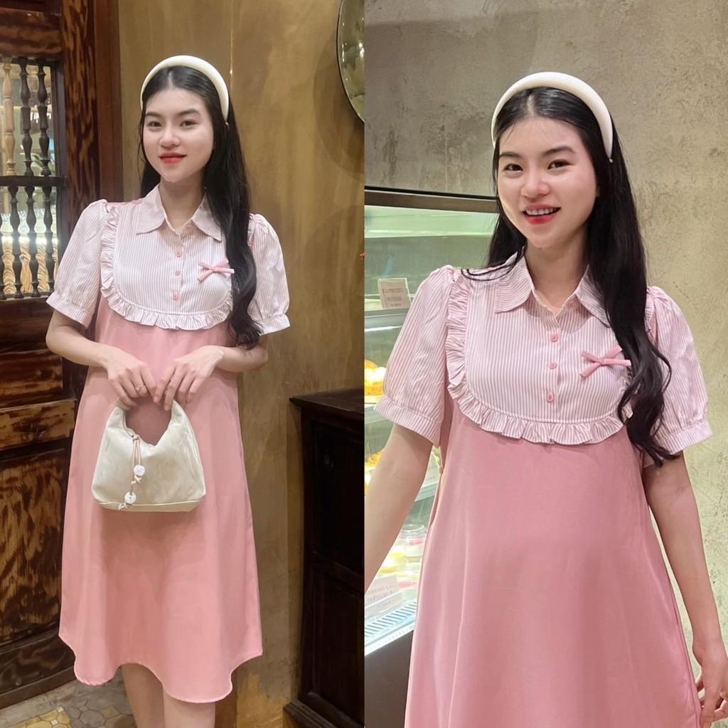 Đầm bầu giả yếm sọc sơ mi cotton hàn phom suông trẻ trung, năng động Váy Bầu Voi - Xanh đen