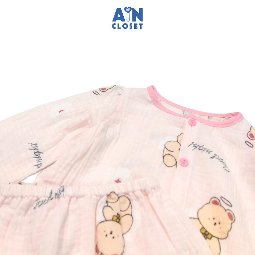 Bộ quần áo dài bé gái họa tiết Gấu hồng phấn xô muslin - AICDBGFOCGWX - AIN Closet